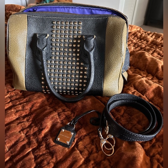 Henri Bendel Carlyle Bag- Army Green/Black Pebbled Leather and Gold Studs - Picture 2 of 9